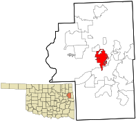 Cherokee County Oklahoma incorporated and unincorporated areas Tahlequah highlighted.svg