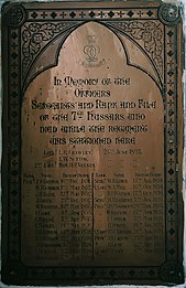 A plaque installed by the Regiment at Christ Church, Mhow in Central India. Christ Church Mhow Plaque 7th Hussars.jpg