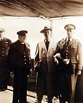 Churchill joins FDR aboard USS Augusta (9 August 1941) Churchill joins FDR aboard USS Augusta for Atlantic Charter meeting, August 9, 1941.jpg