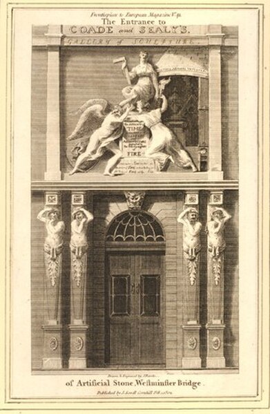 Coade and Sealy's Gallery of Sculpture, Westminster Bridge, 1799. (Engraving of the entrance to the premises by S. Rawle in 1802.)