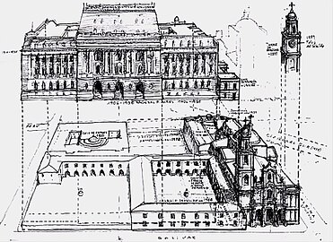 Plano de la (que en 1920 sería llamada) manzana de las luces allá por 1908 probablemente, cuando se decidió la arquitectura de "la casa nueva" del CNBA. Abajo "la casa vieja", la colonial. Parece que también habían decidido reformar el campanario de la Iglesia de San Ignacio.