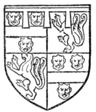 Fig. 691.—Arms of John de la Pole, Earl of Lincoln (son of John, Duke of Suffolk), d. 1487: Quarterly, 1 and 4, azure, a fess between three leopards' faces or; 2 and 3, per fess gules and argent, a lion rampant queue fourché or, armed and langued azure, over all a label argent. (From his seal.)