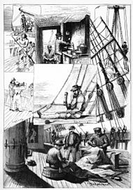 Dagligt liv på ett svenskt segelfartyg. Efter en teckning av B. A. Wikström i Ny illustrerad tidning 1882.