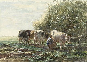 De melkbocht 1854-1900. watercolor on paper medium QS:P186,Q22915256;P186,Q11472,P518,Q861259 . 43 × 58.5 cm (16.9 × 23 in). Amsterdam, Rijksmuseum Amsterdam.