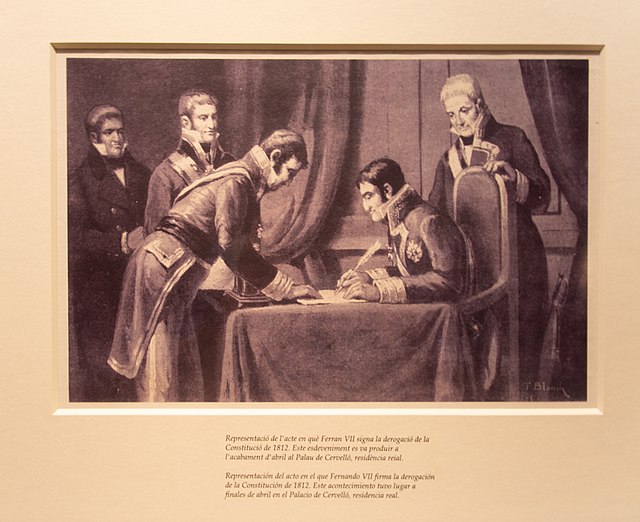 Repeal of the Constitution of 1812 by Fernando VII in the palace of Cervellón, Valencia, Spain.