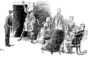 Gestykulujący mężczyzna wpadający przed kobietę i pięciu mężczyzn zebranych w salonie