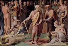 Postumius kills his son for betraying his orders by Domenico Beccafumi. Domenico Beccafumi 014.jpg