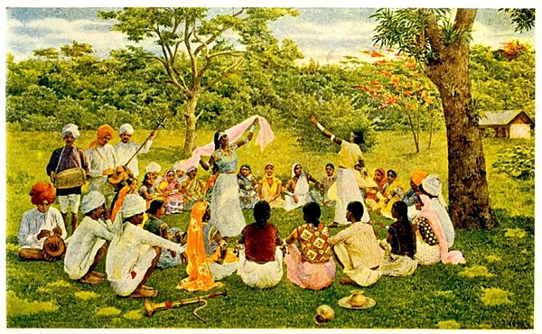 Indo-Caribbeans in the 19th century celebrating the Indian culture in West Indies through dance and music.