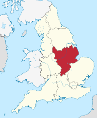 East Midlands, destacado em vermelho num mapa político bege da Inglaterra