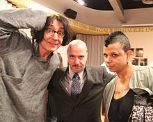 Emo Philips, Emery (dressed as Dr. Phil) and Heather Henderson at the 2012 IIG Awards. Eno Emery Heather.jpg