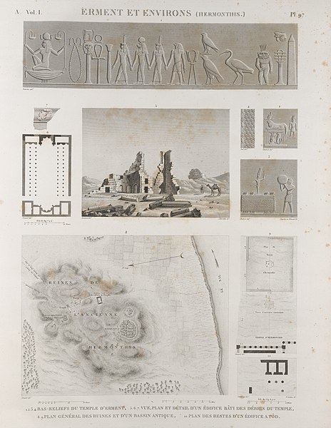 Pl.97 - 1-4. Bas-reliefs du temple d'Erment 5-7. Vue, plan et détail d'un édifice bâti des débris du temple 8.9. Plan général des ruines et d'un bassin