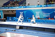 Deutsch: Fechten bei den Olympischen Jugend-Sommerspielen 2018: Tag 1, 7. Oktober 2018, Jungen, Säbel, Kampf um Bronze - Mazen Elaraby (EGY) - Robert Vidovszky (USA) 15:10 English: Fencing at the 2018 Summer Youth Olympics at 7 October 2018 – Boys' sabre Bronze medal match – Mazen Elaraby (EGY) Vs Robert Vidovszky (USA) 15:10