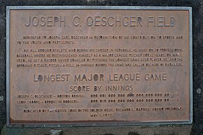 The plaque commemorates the longest major league game of baseball ever played May 1, 1920, pitched by Ferndale High alumnus Joe Oeschger. Ferndale CA JC Oeschger Field NSGW.JPG