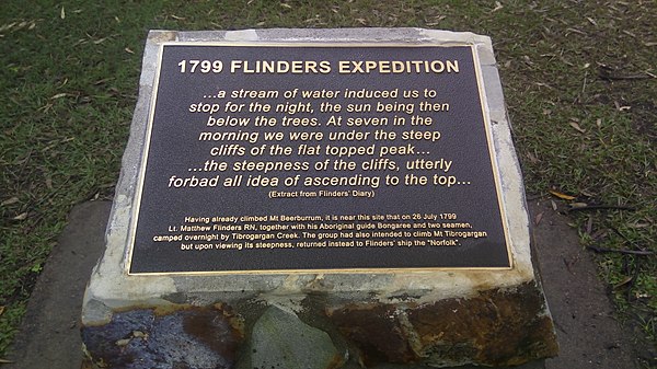 1799 Flinders Expedition plaque at Mount Beerburrum, one of the Glass House Mountains in Queensland, Australia.