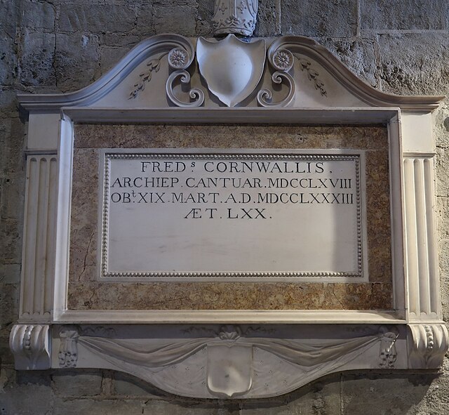 Wall plaque in the deconsecrated church of St Mary-at-Lambeth to Frederick Cornwallis, who was buried nearby