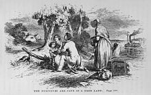 Hammatt Billings, "The Fugitives are Safe in a Free Land" for Harriet Beecher Stowe's Uncle Tom's Cabin (1852). It shows characters of George Harris, Eliza, Harry, and Mrs. Smyth. FugitivesSafe.jpg