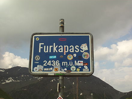 The top of the Furka mountain pass is almost 2.5 km (1.6 mi) above sea level