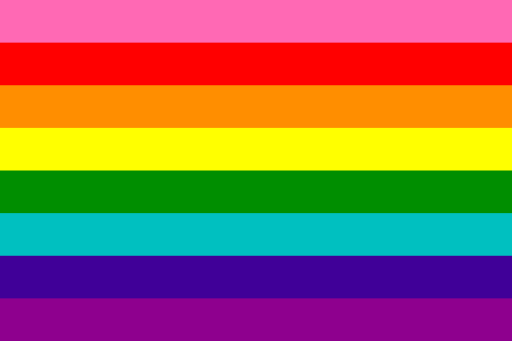 Imagem da bandeira lgbt feita por Gilbert Baker. A bandeira possui oito faixas cada uma com uma cor diferente