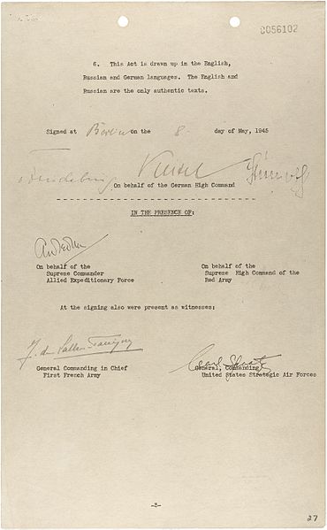 Third and last page of the German instrument of unconditional surrender signed in Berlin, Germany on 8 May 1945