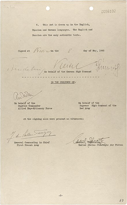 8 Mayıs 1945'te Berlin'de imzalanan koşulsuz teslim belgesinin üçüncü ve son sayfası