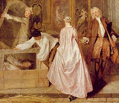 L'Enseigne de Gersaint (detail), 1720, by Antoine Watteau. Early example of a sack-back gown.