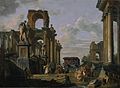 Giovanni Paolo Panini, Arkkitehtoninen Capriccio Forum Romanumista, jossa filosofit ja sotilaat ovat antiikin raunioilla, noin 1745-50.