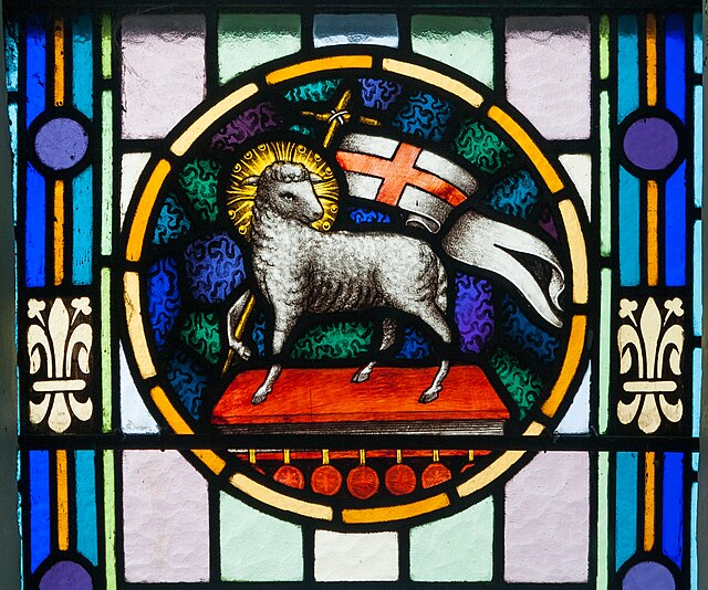 Jesus represented as the Lamb of God (Agnus Dei), a common practice in Western Christianity