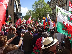 First AUOB Cymru procession in Cardiff, 2019. Gorymdaith Genedlaethol Cyntaf AUOB Cymru a Yes Cymru, Caerdydd 2019 Wales 14.jpg