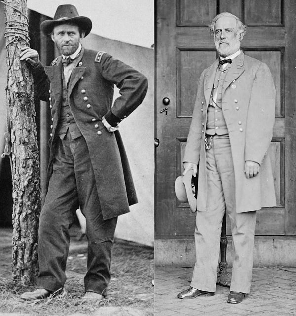 Opposing commanders: Lt. Gen. Ulysses S. Grant, USA, at Cold Harbor, photographed by Edgar Guy Fawx in 1864; Gen. Robert E. Lee, CSA, photographed by 