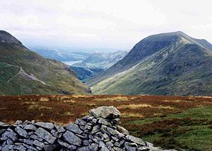 Looking down Grisedale to Ullswater in the far distance from Seat Sandal summit; St Sunday Crag is the fell on the right.