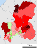 Growth rate map of municipalities of Ibaraki prefecture, Japan