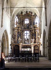 Altar in St Martin's Church, Halberstadt, Germany. Luther and the swan are toward the top on the right.