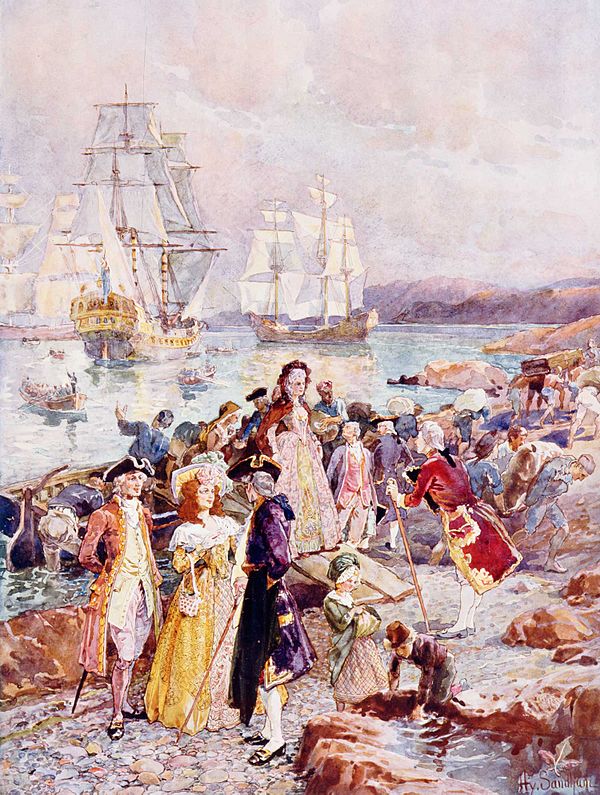 The Coming of the Loyalists by Henry Sandham, showing a romanticised view of the Loyalists' arrival in New Brunswick.