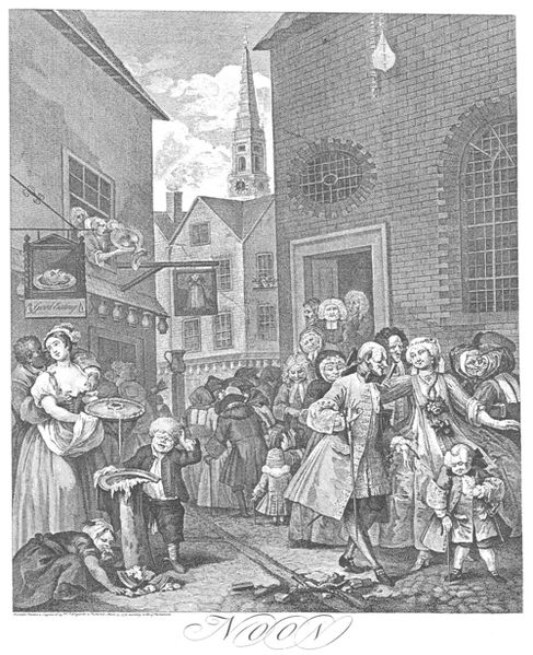 Hogarth's "Noon" from Four Times of the Day, showing St Giles church in the background