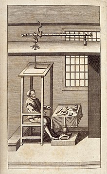 A man sitting in a chair-like contraption attached to a scale above for weighing him.