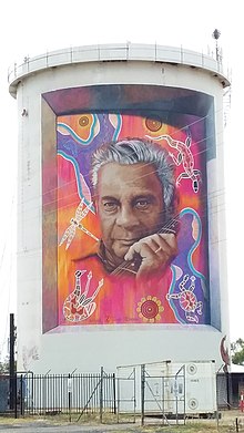 Jimmy Little image on Water Tank in Walgett, New South Wales