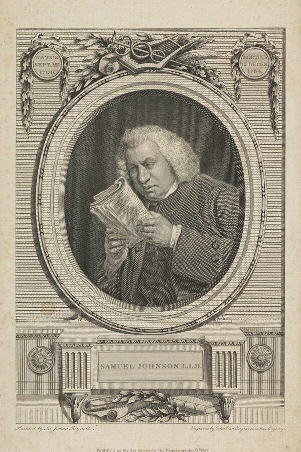 A print of Samuel Johnson, based on a portrait by Joshua Reynolds, later used in the 1806 edition of the Lives of the Poets