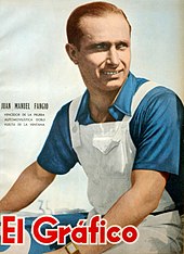 Couverture de magasine représentant Juan Manuel Fangio en tenue de mécanicien.