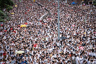 Demonstrations in Hong Kong against the Extradition bill began in March 2019 and turned into continuing mass movements, drawing around 2 million protesters by June June9protestTreefong01.jpg