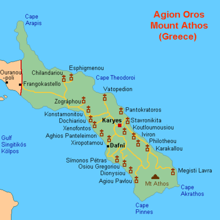 Map of the Mount Athos Peninsula