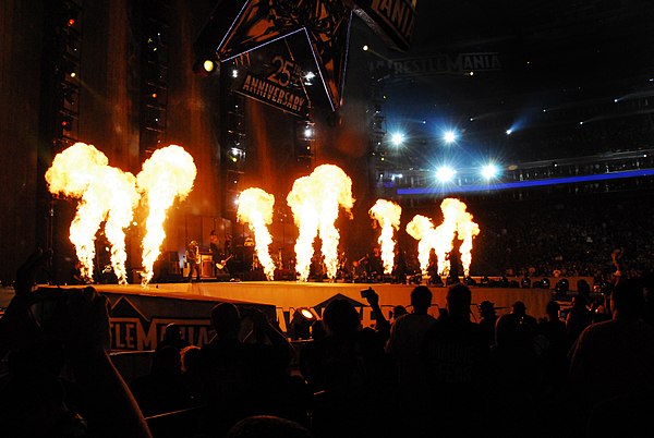 A display of pyrotechnics during one of Kid Rock's performances. His stage presence helped increase his local following in Detroit in the mid-1990s.