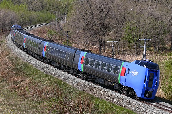 A Japanese KiHa 283 series tilting DMU, which can tilt up to 8° (6° in normal operation)