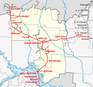 Килемарская железная дорога в период наибольшего развития на карте Килемарского района