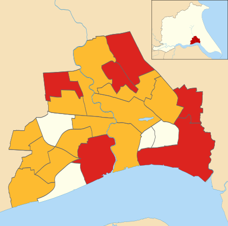 Map of the results of the 2007 Hull council election. Labour in red, Liberal Democrats in yellow, Uncontested in cream. Kingston upon Hull UK 2007 Local Election map.svg