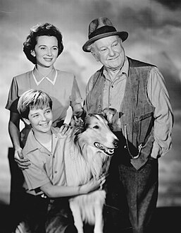 Original series stars Jan Clayton (as Ellen Miller - top left), George Cleveland (as Gramps - top right), and Tommy Rettig (as Jeff Miller - at bottom with Lassie)