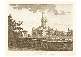 Limehouse Cut in 1809 — apparently being widened.  In the background is St Anne's Church and the recently built Commercial Road.