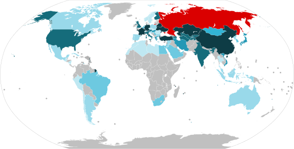 World map highlighting countries visited by Vladimir Putin during his presidency, as of April 2024.
.mw-parser-output .legend{page-break-inside:avoid;break-inside:avoid-column}.mw-parser-output .legend-color{display:inline-block;min-width:1.25em;height:1.25em;line-height:1.25;margin:1px 0;text-align:center;border:1px solid black;background-color:transparent;color:black}.mw-parser-output .legend-text{}
One visit
Two visits
Three visits
Four visits
Five visits
Six visits
Seven to Thirteen visits
Fourteen or more visits
Russia including the disputed Crimean Peninsula List of international presidential trips made by Vladimir Putin.svg