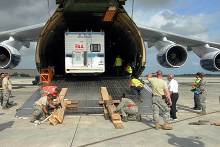 Mobile air traffic control tower loaded onto an An-124 to Haiti