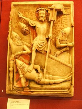 The distinctive English image, with Christ stepping on a soldier, in a 14th-century Nottingham alabaster relief Londres.Altorrelieve "Resurrecion"s.XIValabastro.JPG