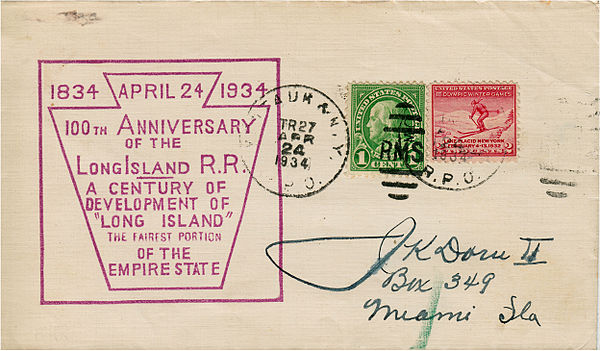 LIRR (Montauk & NY) RPO cover (TR27) for the railroad's 100th anniversary in April 1934